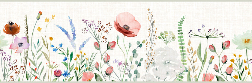GB5020g8 Watercolor Meadow Peel and Stick Wallpaper Border 10in or 8in Height x 15ft Long Red Cream Tan Orange