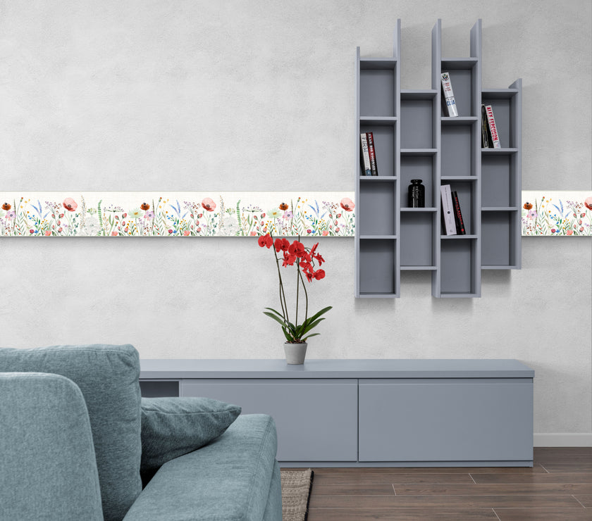 GB5020g8 Watercolor Meadow Peel and Stick Wallpaper Border 10in or 8in Height x 15ft Long Red Cream Tan Orange