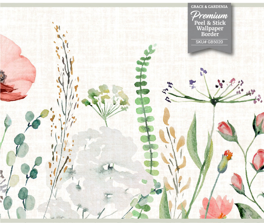 GB5020g8 Watercolor Meadow Peel and Stick Wallpaper Border 10in or 8in Height x 15ft Long Red Cream Tan Orange