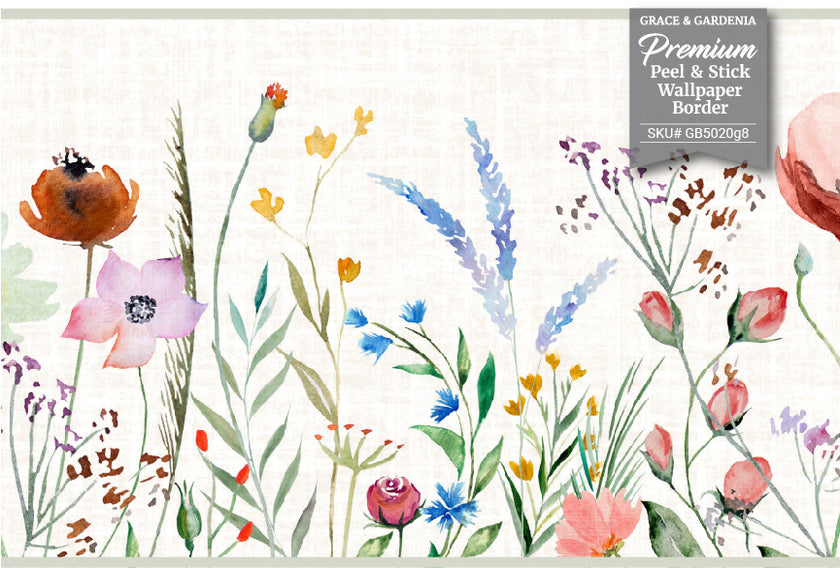 GB5020g8 Watercolor Meadow Peel and Stick Wallpaper Border 10in or 8in Height x 15ft Long Red Cream Tan Orange