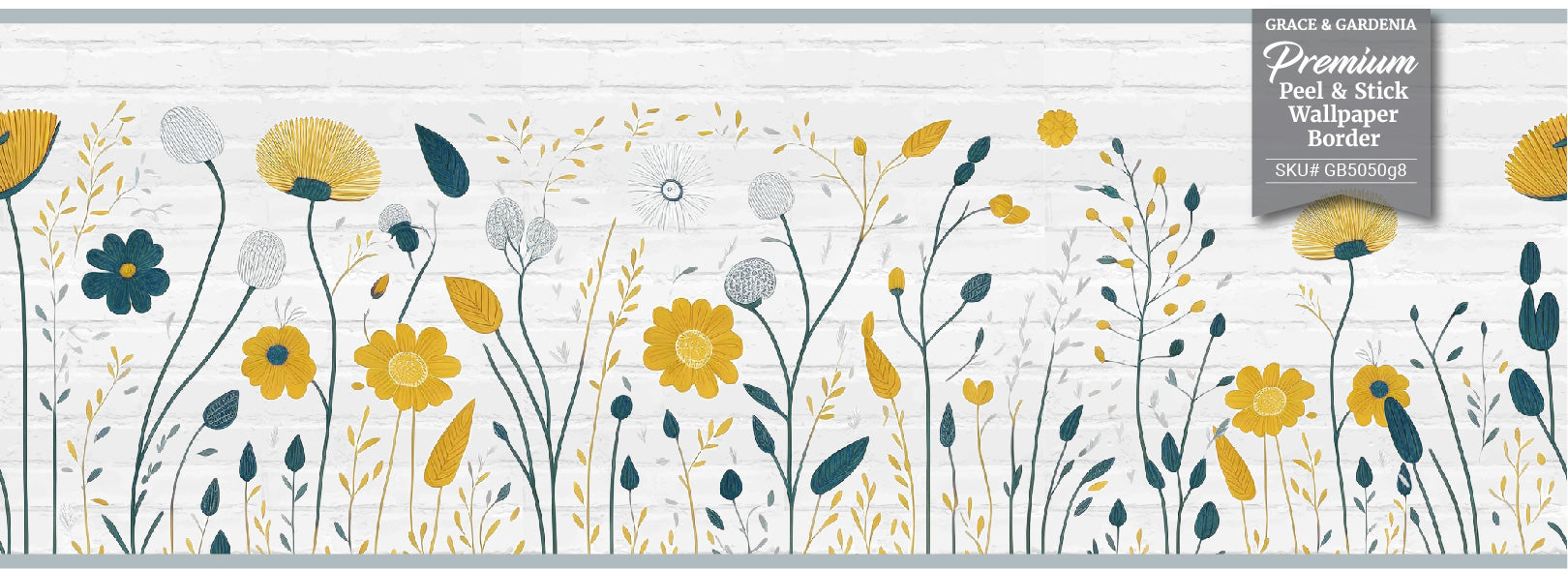 GB5050g8 City Wildflowers Peel and Stick Wallpaper Border 8in Height x 15ft Long Gray Yellow