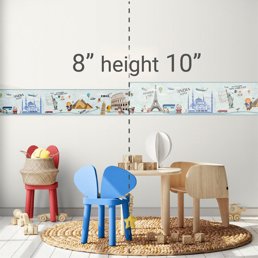 GB9020 Travel Bucket List Peel and Stick Wallpaper Border 10in or 8in Height x 15ft Long, Gray Teal Blue Brown Yellow