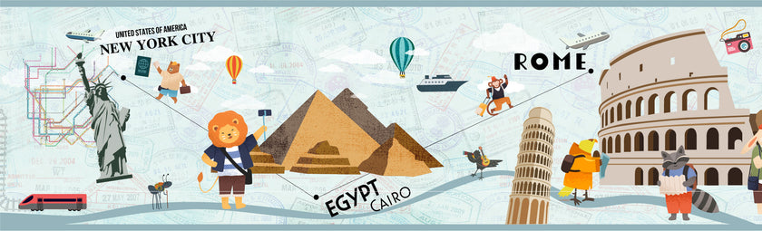 GB9020 Travel Bucket List Peel and Stick Wallpaper Border 10in or 8in Height x 15ft Long, Gray Teal Blue Brown Yellow