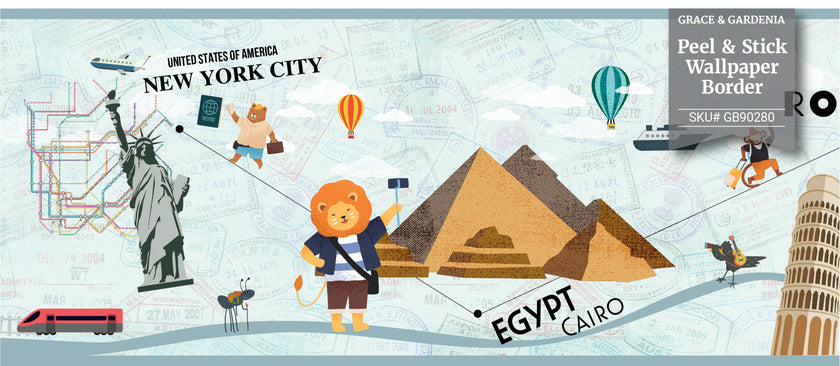 GB9020 Travel Bucket List Peel and Stick Wallpaper Border 10in or 8in Height x 15ft Long, Gray Teal Blue Brown Yellow