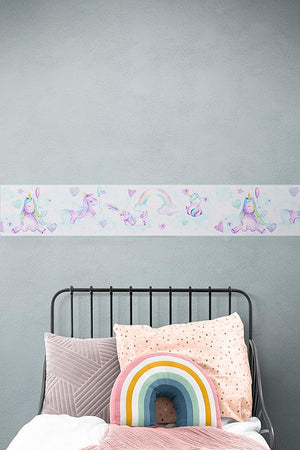 GB90290 Watercolor Vally Unicorns Peel and Stick Wallpaper Border 10in Height x 15ft Light Blue Pink Designs