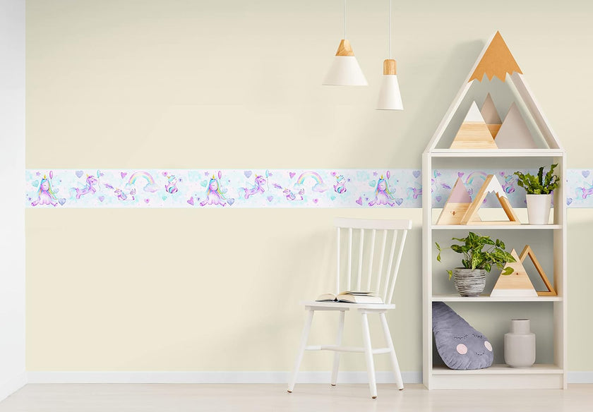 GB90290 Watercolor Vally Unicorns Peel and Stick Wallpaper Border 10in Height x 15ft Light Blue Pink Designs