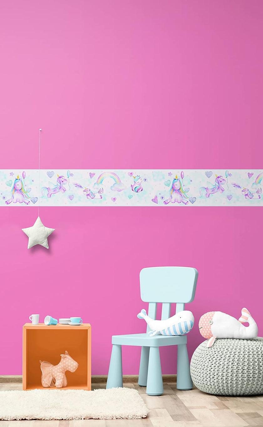 GB90290 Watercolor Vally Unicorns Peel and Stick Wallpaper Border 10in Height x 15ft Light Blue Pink Designs