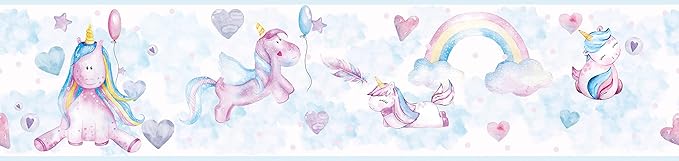 GB90290 Watercolor Vally Unicorns Peel and Stick Wallpaper Border 10in Height x 15ft Light Blue Pink Designs