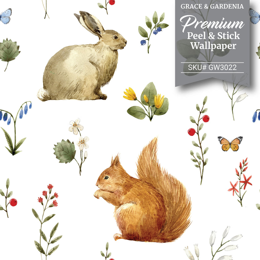 GW3021 Woodland Squirrel & Rabbit Peel and Stick Wallpaper Roll 19 inch Wide x 18 ft. Long Beige Green Gray