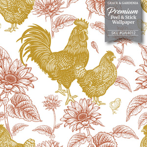 GW4014 Grace & Gardenia French Farmhouse Chickens & Sunflowers Peel and Stick Wallpaper Roll 20.5 inch Wide x 18 ft. Long, Black White