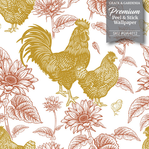 GW4014 French Farmhouse Chickens & Sunflowers Peel and Stick Wallpaper Roll 19 inch Wide x 18 ft. Long Black White