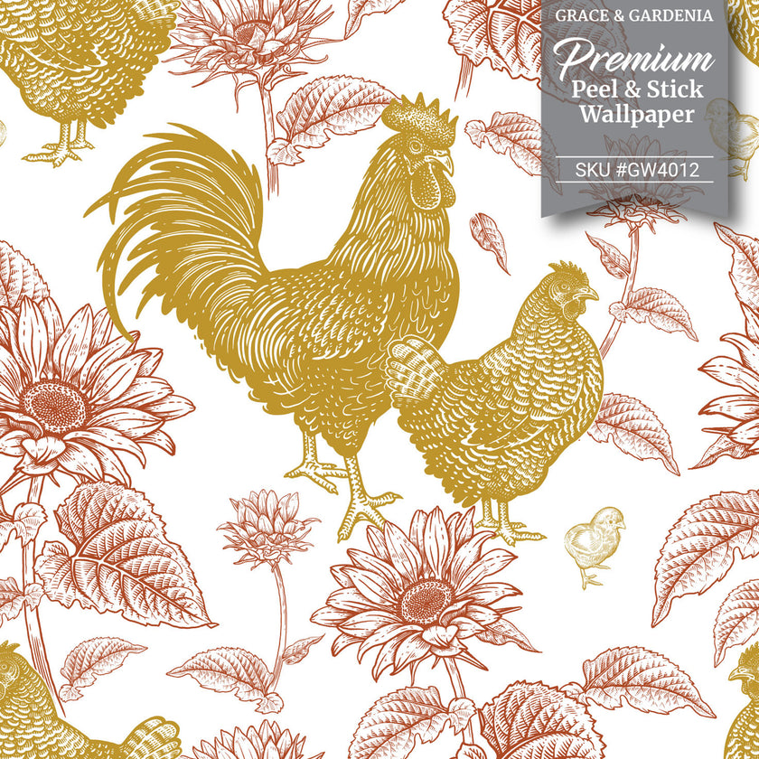 GW4014 French Farmhouse Chickens & Sunflowers Peel and Stick Wallpaper Roll 19 inch Wide x 18 ft. Long Black White