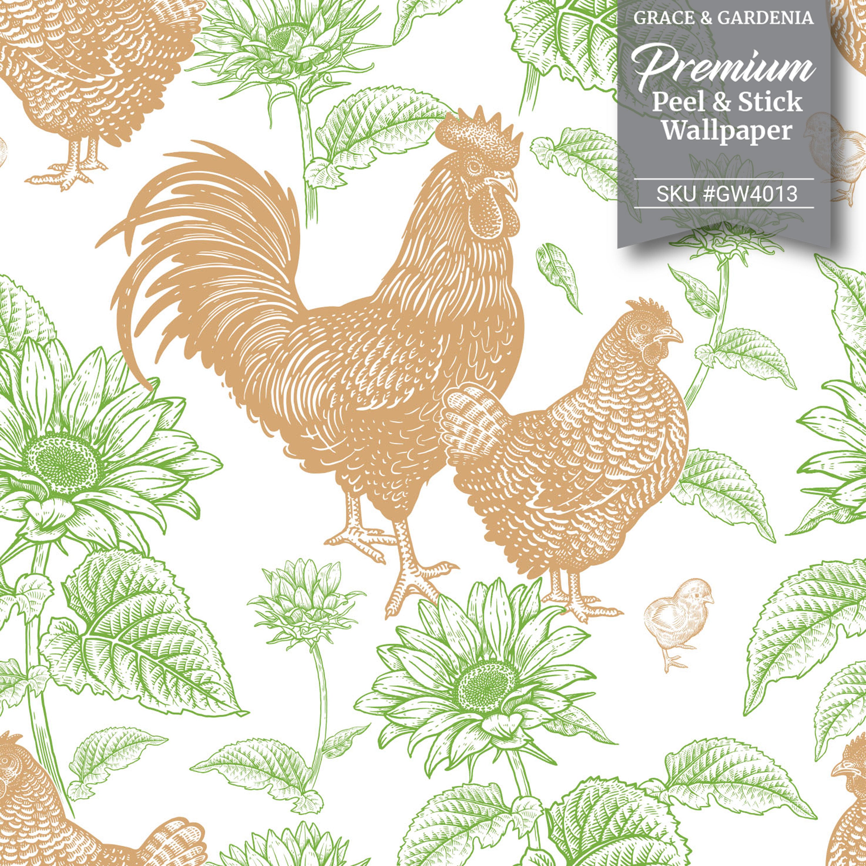 GW4014 Grace & Gardenia French Farmhouse Chickens & Sunflowers Peel and Stick Wallpaper Roll 20.5 inch Wide x 18 ft. Long, Black White