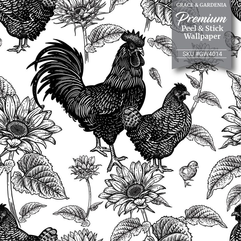GW4012 French Farmhouse Chickens & Sunflowers Toile Peel and Stick Wallpaper Roll 19 inch Wide x 18 ft. Long, Rust