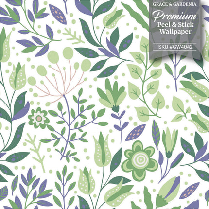 GW4043 Folk Style Art Garden Peel and Stick Wallpaper Roll 19 inch Wide x 18 ft. Long Green Peach Blush