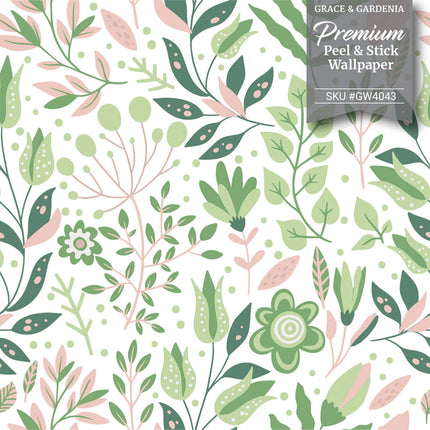 GW4042  Folk Style Art Garden Peel and Stick Wallpaper Roll 19 inch Wide x 18 ft. Long Green Purple