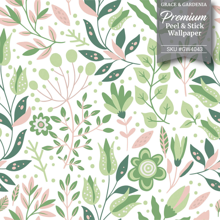 GW4042  Folk Style Art Garden Peel and Stick Wallpaper Roll 19 inch Wide x 18 ft. Long Green Purple