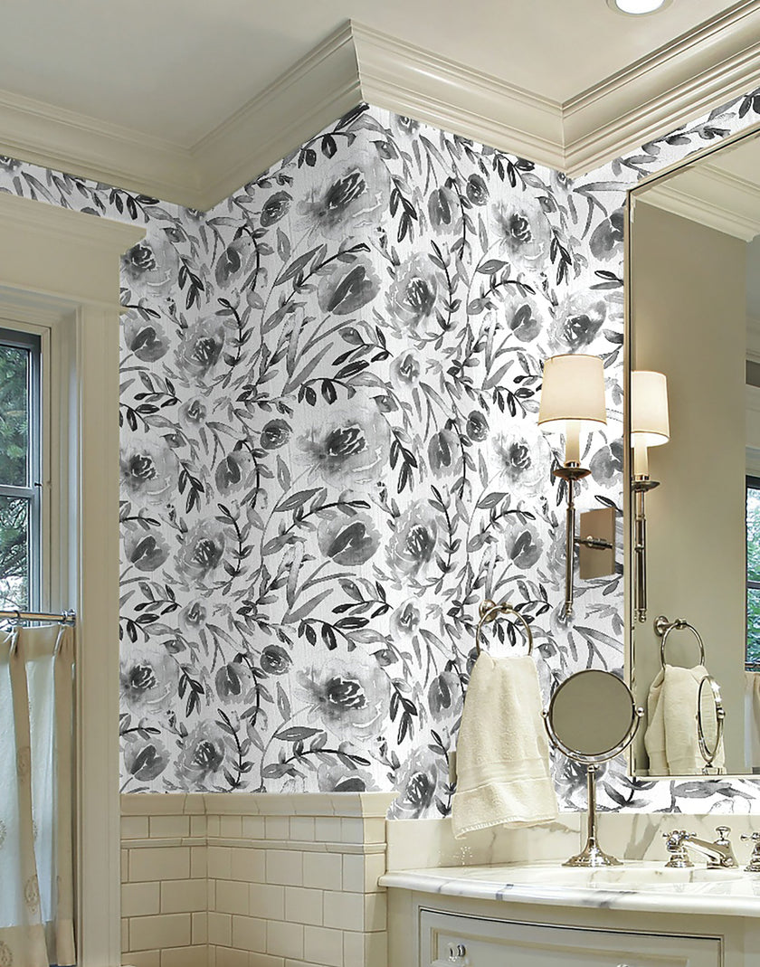 GW5132 Grace & Gardenia Watercolor Floral on Paper Peel and Stick Wallpaper Roll 19 inch Wide x 18 ft. Long Gray