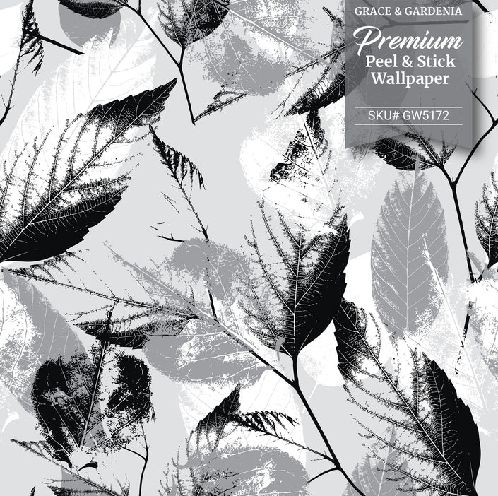 GW5174 Leaf Print Peel and Stick Wallpaper Roll 19 inch Wide x 18 ft. Long Blue Gray White