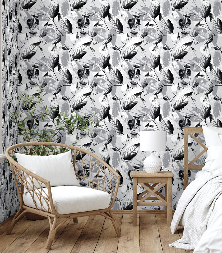 GW5172 Leaf Print Pattern Peel and Stick Wallpaper Roll 19 inch Wide x 18 ft. Long Black White