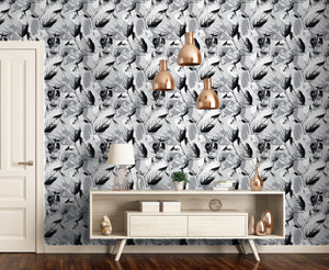 GW5172 Leaf Print Pattern Peel and Stick Wallpaper Roll 19 inch Wide x 18 ft. Long Black White