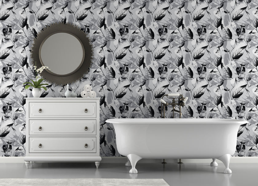 GW5172 Leaf Print Pattern Peel and Stick Wallpaper Roll 19 inch Wide x 18 ft. Long Black White