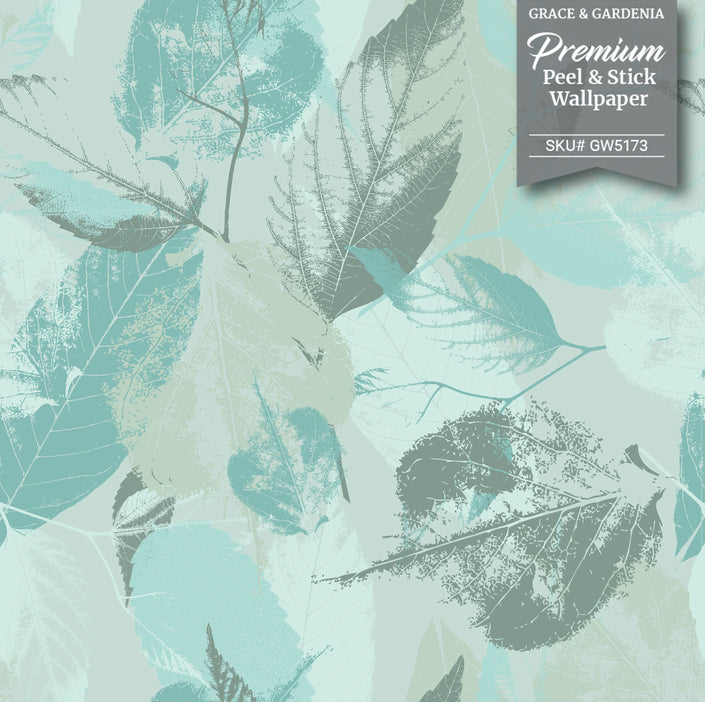GW5174 Leaf Print Peel and Stick Wallpaper Roll 19 inch Wide x 18 ft. Long Blue Gray White