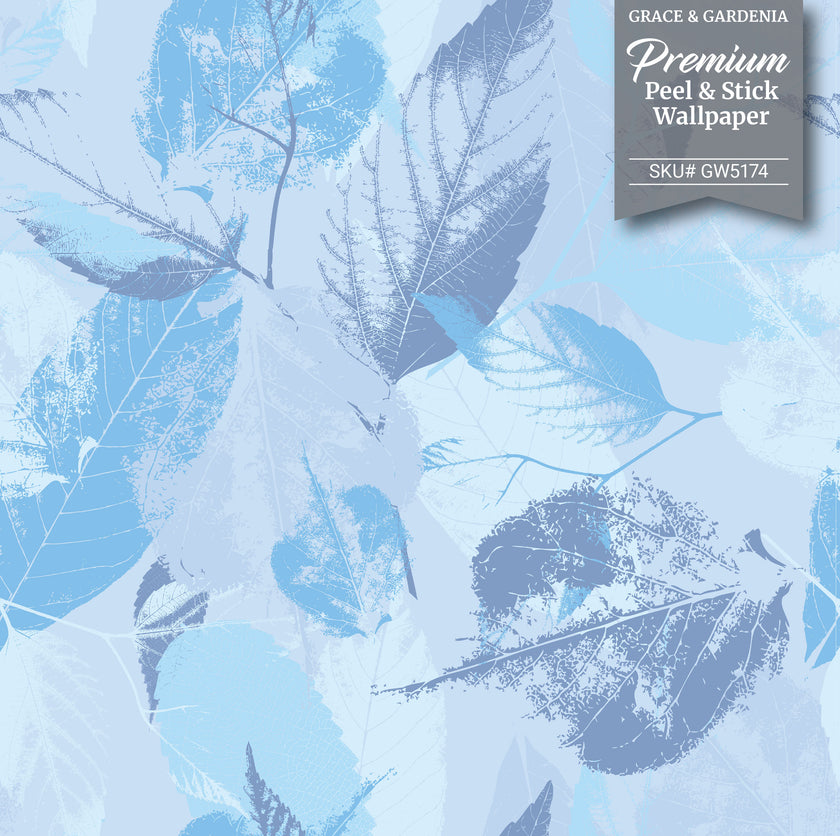 GW5173 Leaf Print Pattern Peel and Stick Wallpaper Roll 19 inch Wide x 18 ft. Long Aqua Gray Cream