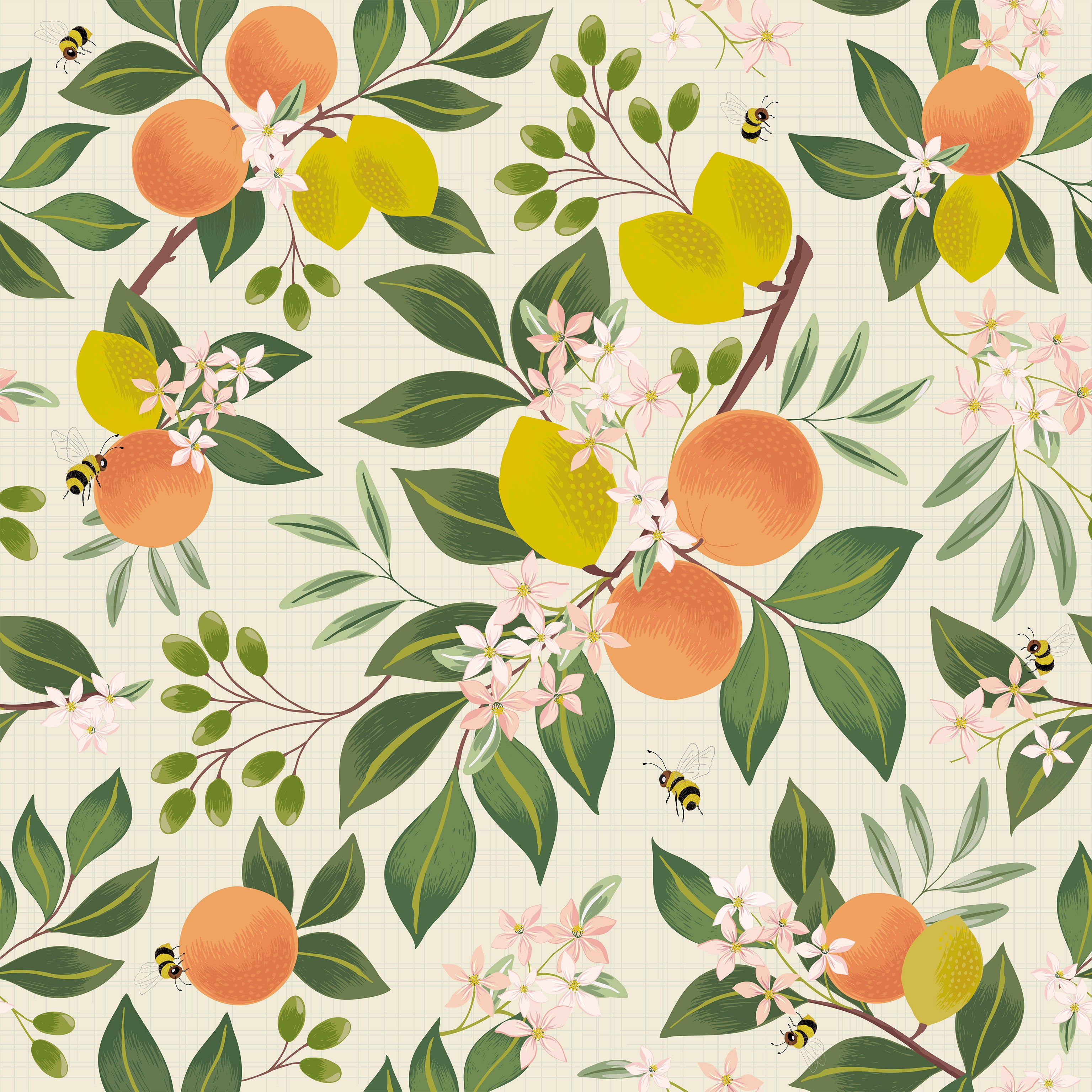 GW5321 Grace & Gardenia Citrus and Bees Olives Flowers Peel and Stick Wallpaper Roll 26 inch wide X 18 feet long, Cream Green Orange