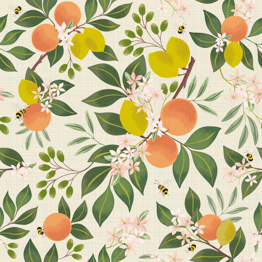 GW5321 Citrus and Bees Olives Flowers Peel and Stick Wallpaper Roll 19 inch wide X 18 feet long, Cream Green Orange