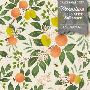 GW5321 Grace & Gardenia Citrus and Bees Olives Flowers Peel and Stick Wallpaper Roll 26 inch wide X 18 feet long, Cream Green Orange