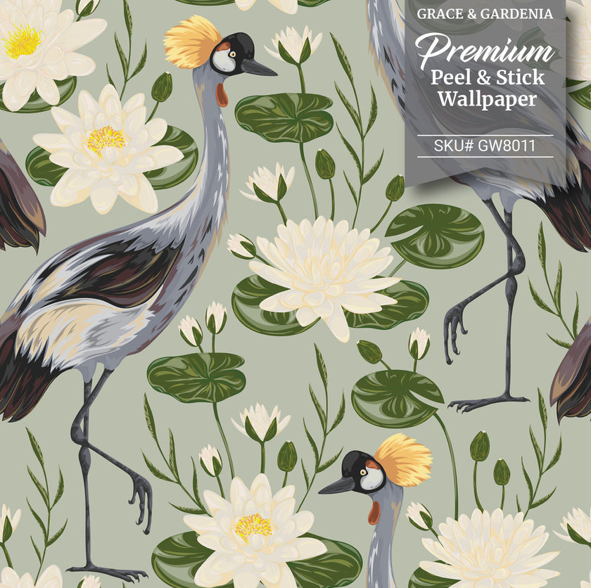 GW8012 Exotic Crested Royal Cranes Peel and Stick Wallpaper Roll 19 inch Wide x 18 ft. Long Green White Gray Brown