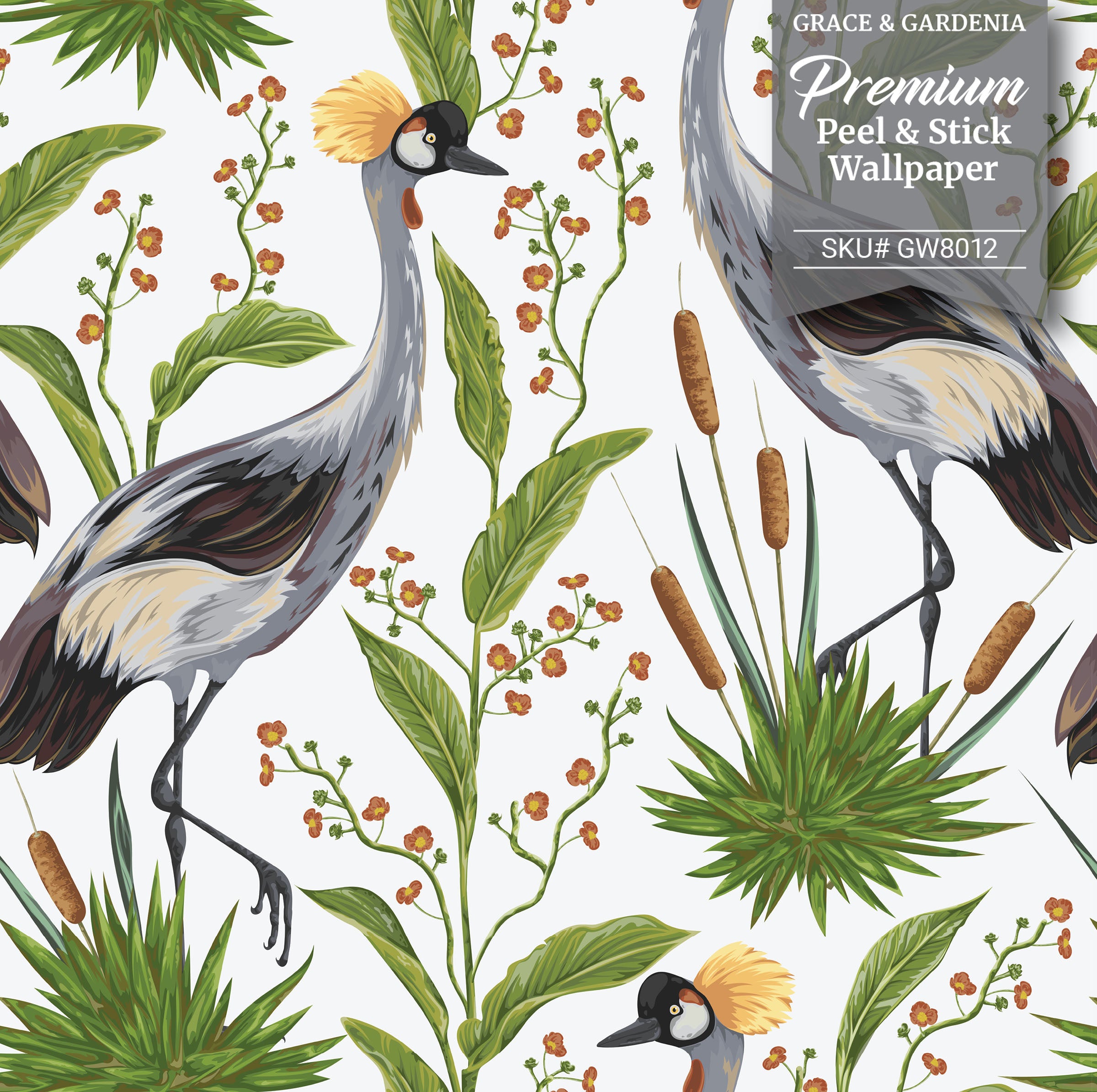 GW8011 Grace & Gardenia Exotic Crested Royal Cranes and Peel Stick Wallpaper Roll 20.5 inch Wide x 18 ft. Long, Green Gray White