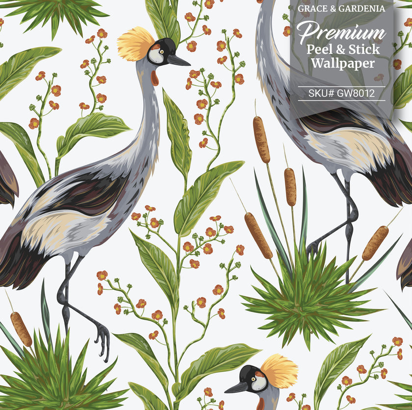 GW8011 Exotic Crested Royal Cranes and Peel Stick Wallpaper Roll 19 inch Wide x 18 ft. Long Green Gray White