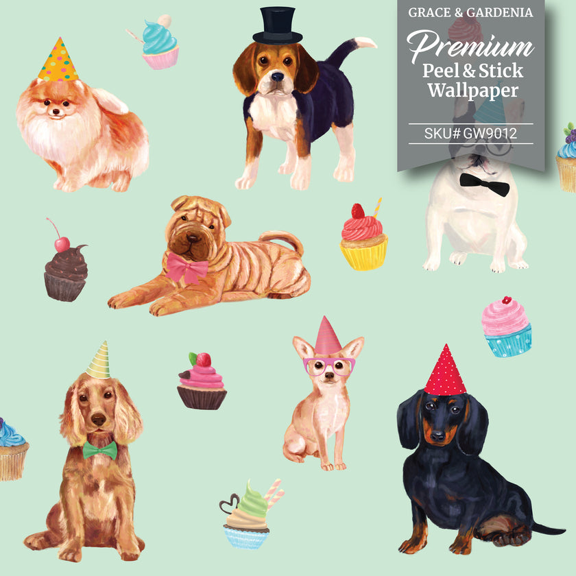 GW9011 Party Dogs and Cupcakes Peel and Stick Wallpaper Roll 19 inch Wide x 18 ft. Long, White Pink Beige Blue