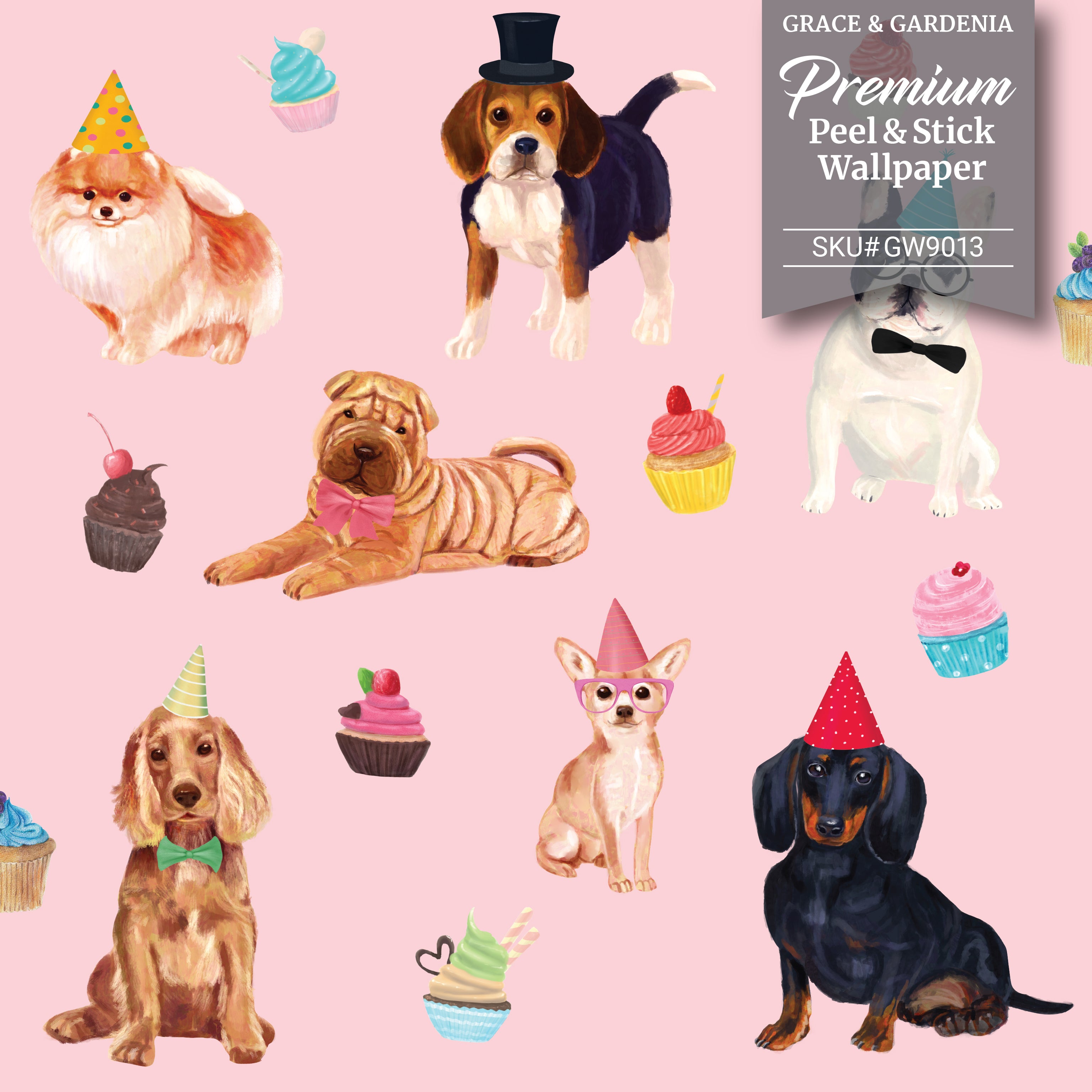 GW9011 Party Dogs and Cupcakes Peel and Stick Wallpaper Roll 20.5 inch Wide x 18 ft. Long, White Pink Beige Blue