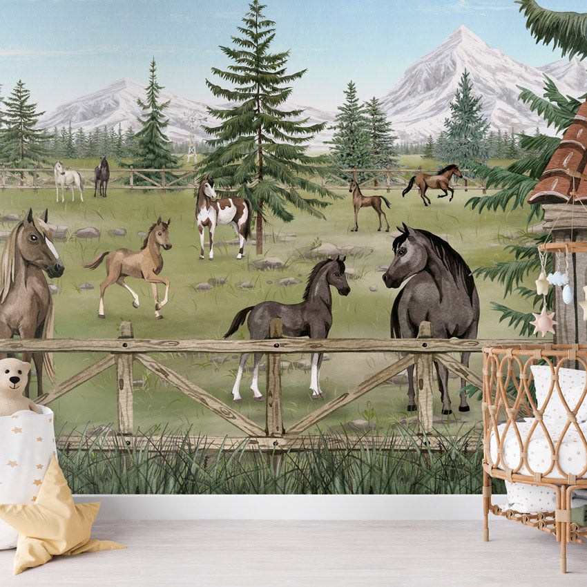 GDSE3640 Horse Haven Mural Wallpaper Mural Premium Peel and Stick Material 26in Wide x 9 ft. Green