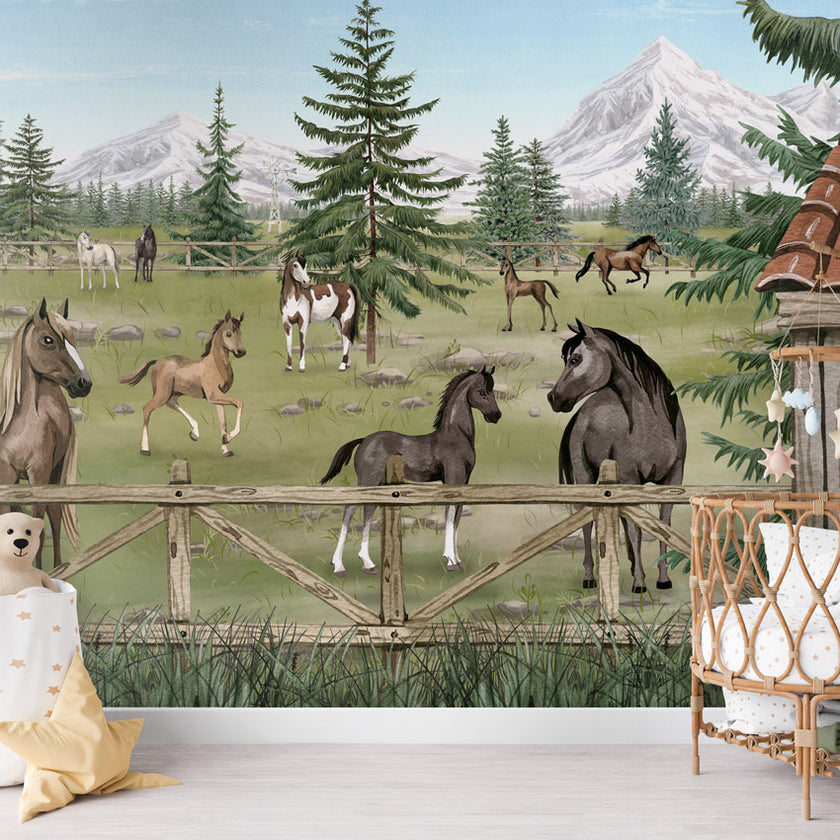 GDSE3640 Horse Haven Mural Wallpaper Mural Premium Peel and Stick Material 26in Wide x 9 ft. Green