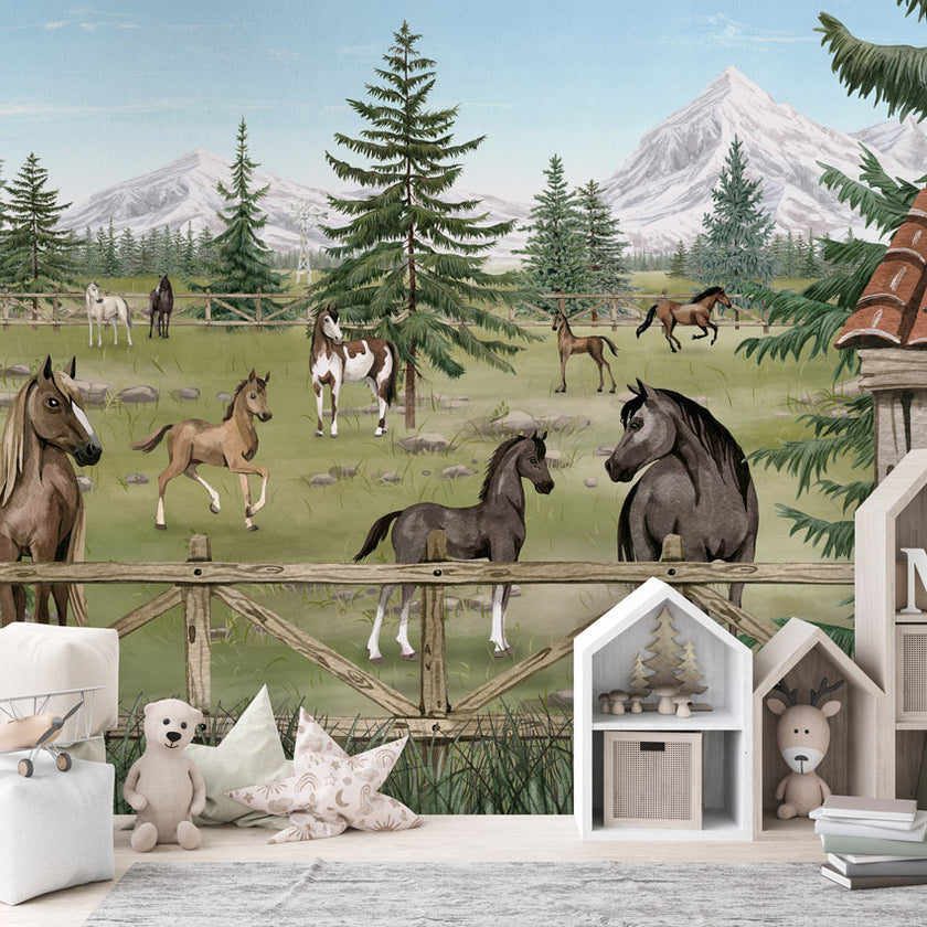 GDSE3640 Horse Haven Mural Wallpaper Mural Premium Peel and Stick Material 26in Wide x 9 ft. Green