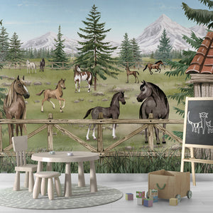 GDSE3640 Horse Haven Mural Wallpaper Mural Premium Peel and Stick Material 26in Wide x 9 ft. Green