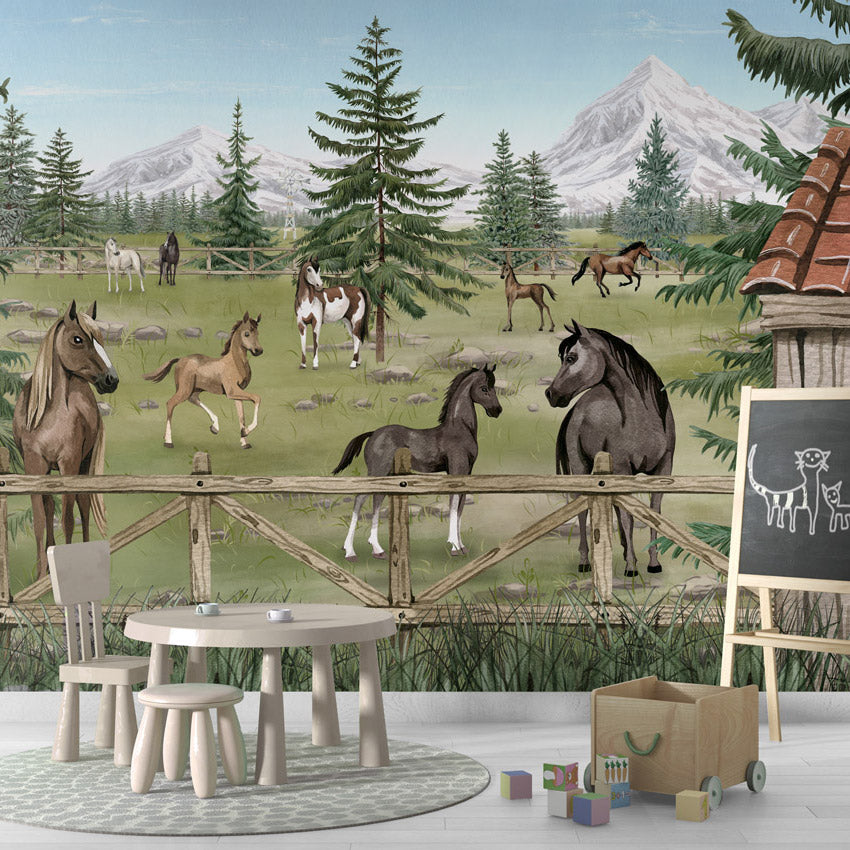 GDSE3640 Horse Haven Mural Wallpaper Mural Premium Peel and Stick Material 26in Wide x 9 ft. Green