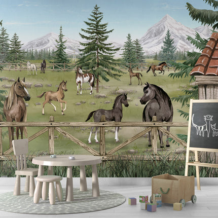 GDSE3640 Horse Haven Mural Wallpaper Mural Premium Peel and Stick Material 26in Wide x 9 ft. Green