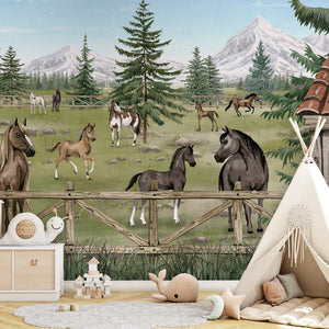 GDSE3640 Horse Haven Mural Wallpaper Mural Premium Peel and Stick Material 26in Wide x 9 ft. Green
