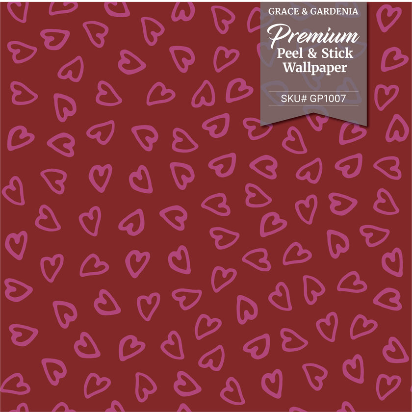 GP1007 Sweet Heart Hand Painted Hearts Premium Peel and Stick Wallpaper Panel 26 inches Wide by 6ft, 9ft and 12ft Height in Red Pink