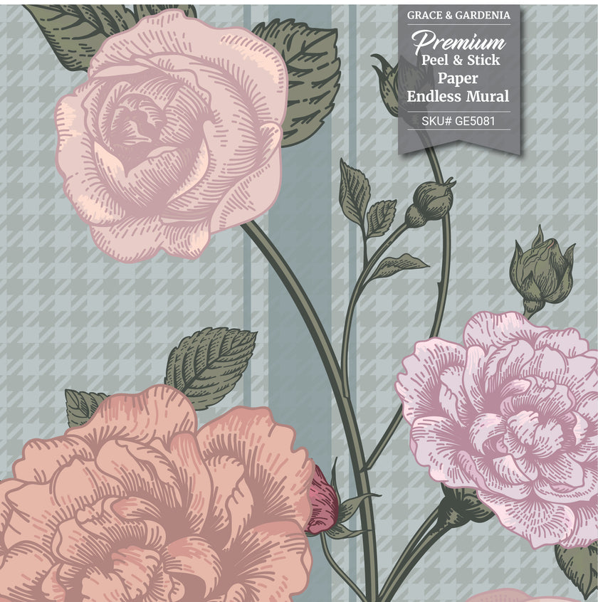 GE5081 Rose Bush Stripe Endless Murals in Pink Yellow and Light Blue