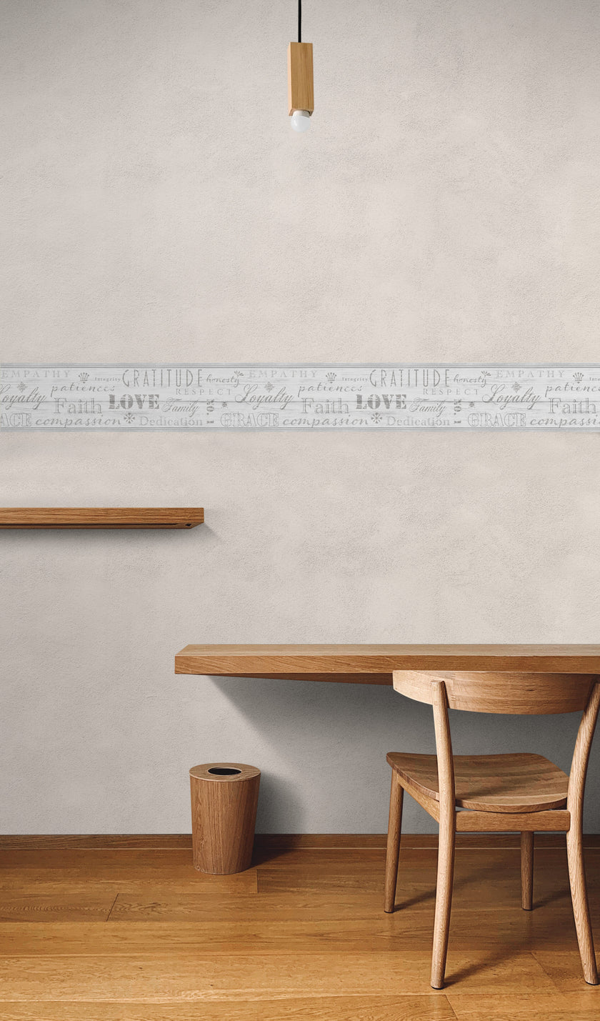 GB4034 Distressed Wood Farmhouse Values Typography Inspirational Words Peel and Stick Wallpaper Border 15Ft long Soft Off White Cream