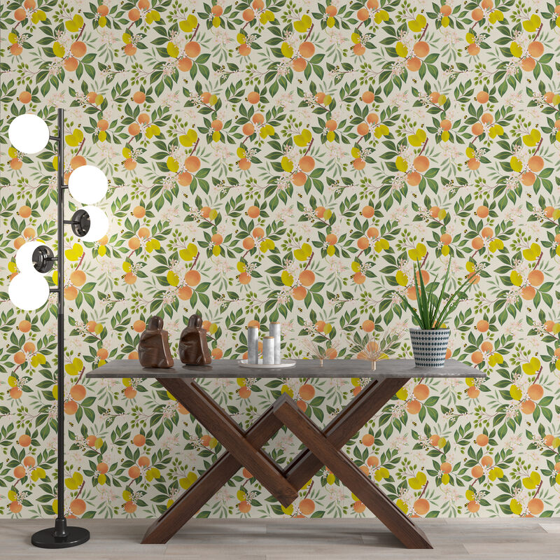 GW5321 Citrus and Bees Olives Flowers Peel and Stick Wallpaper Roll 19 inch wide X 18 feet long, Cream Green Orange