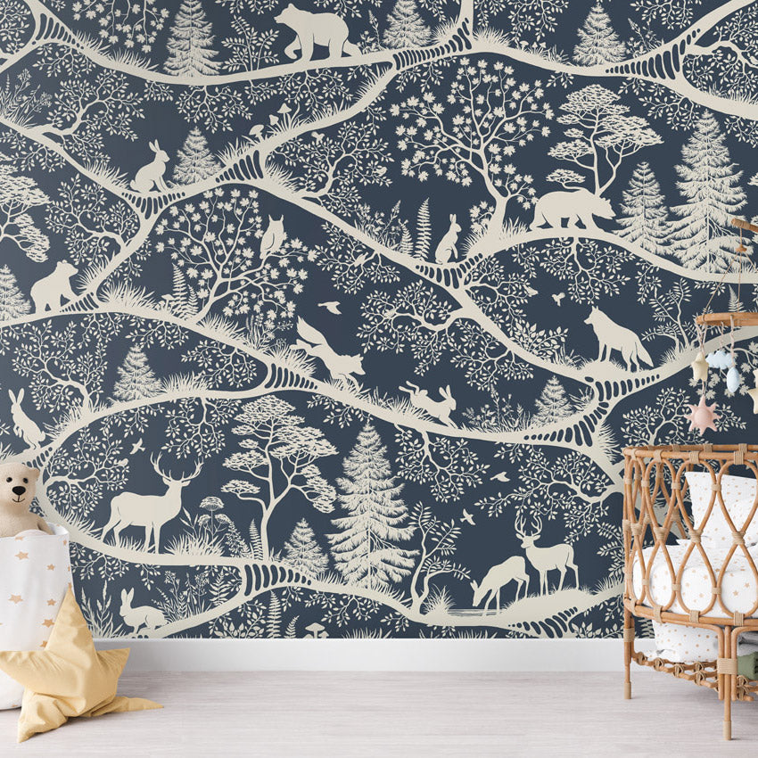 GDSE3680 Nordic Nature Wallpaper Mural Premium Peel and Stick Material 26in Wide x 9 ft. Dark Blue Off White