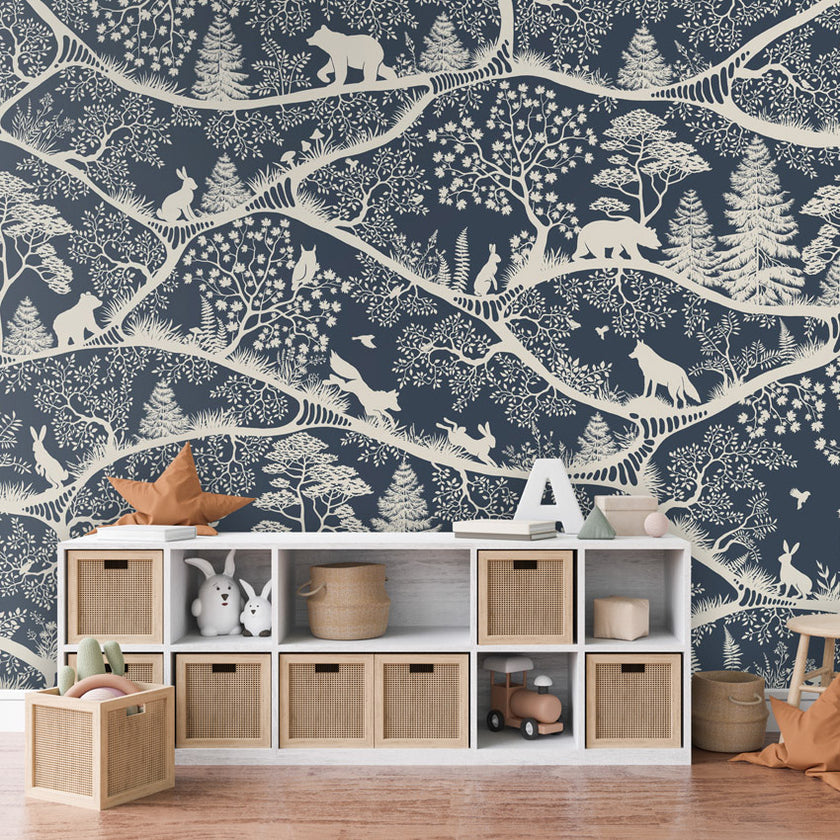 GDSE3680 Nordic Nature Wallpaper Mural Premium Peel and Stick Material 26in Wide x 9 ft. Dark Blue Off White