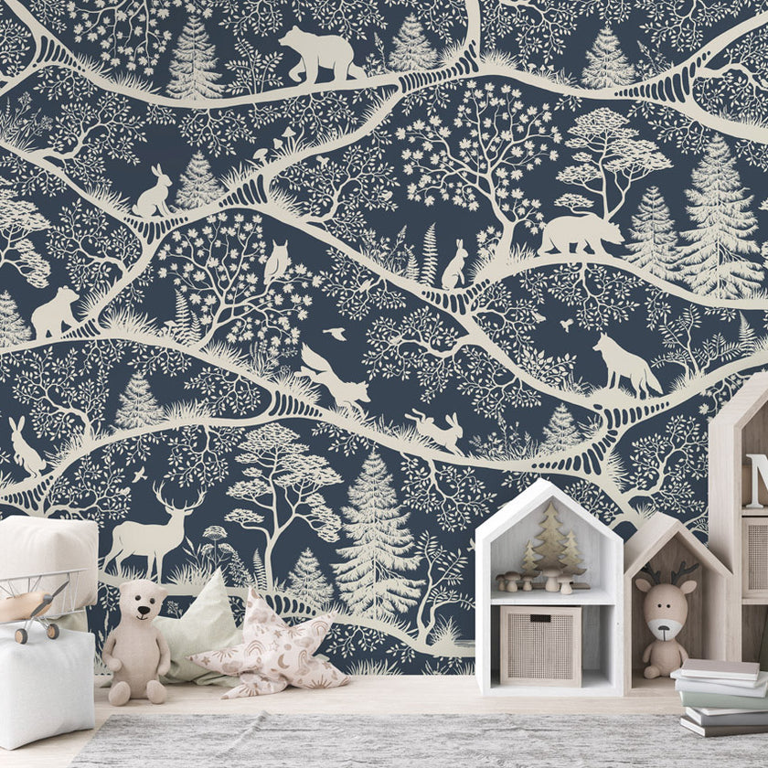GDSE3680 Nordic Nature Wallpaper Mural Premium Peel and Stick Material 26in Wide x 9 ft. Dark Blue Off White